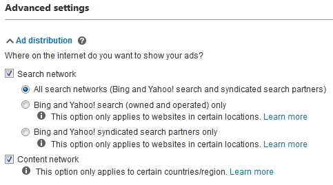Screenshot showing the Bing ad network settings
